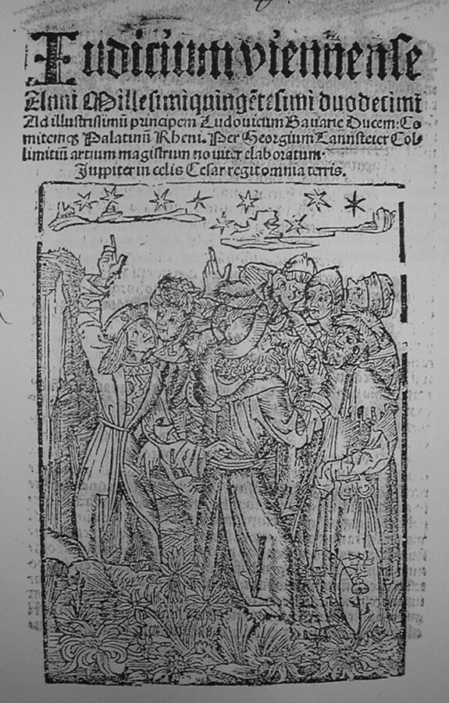 Title-page wood-cut from the Nussia edition of Tannstetter’s 1512 Judicium Viennense ((This is a screen shot from the copy is in the Bayerische Staatsbibliothek, Munich, Sig. 4° Astr.P 510.21).