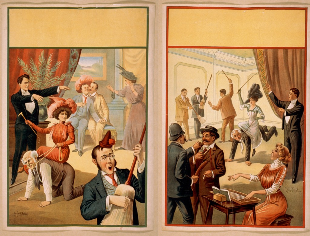 These two posters were produced by the Donaldson Lithography Co. They were generic—in the empty space at the top performers or theaters would have printed the details about the performance, e.g., the hypnotist’s name, the date, and probably the location of the show. Both posters depict a young woman holding a riding crop and reigns. The originals are at the Library of Congress: poster on the left and poster on the right.