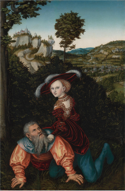 In Lucas Cranach the Elder’s version of Phyllis and Aristotle from 1530, Phyllis doesn’t have a riding crop or reigns, but holds tightly on to Aristotle’s beard. This copy sold recently at Sotheby’s for $4Mil.